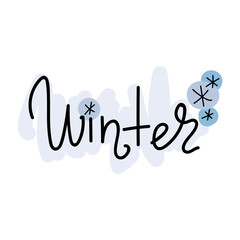 handwritten lettering composition Winter with asterisks - snowflakes. Hand-drawn color illustration. Isolated on white background.