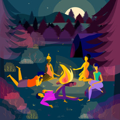 Company of friends organized a campfire in a forest