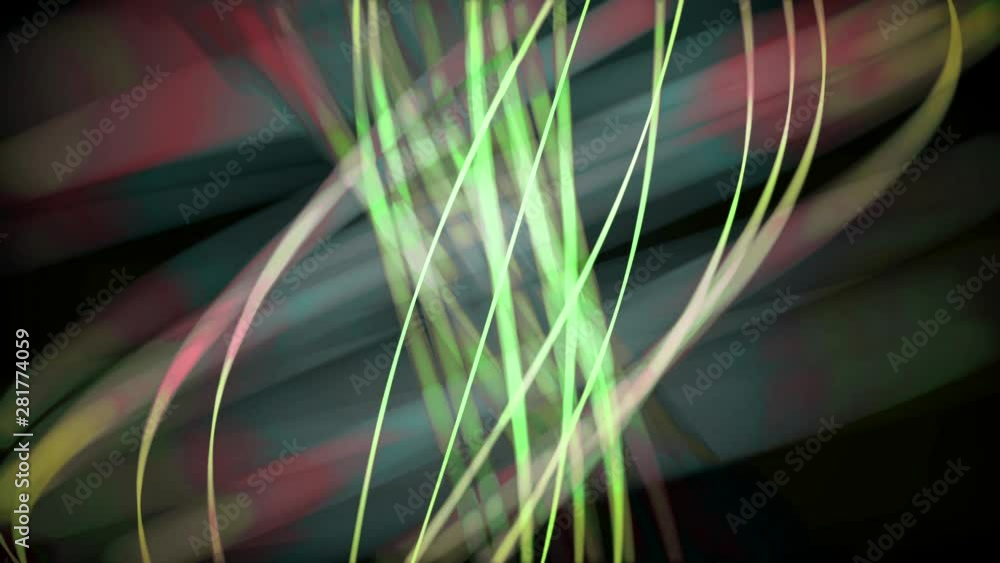 Poster abstraction of blurred elegant rainbow neon lines and spirals intertwining rotating on the dark back