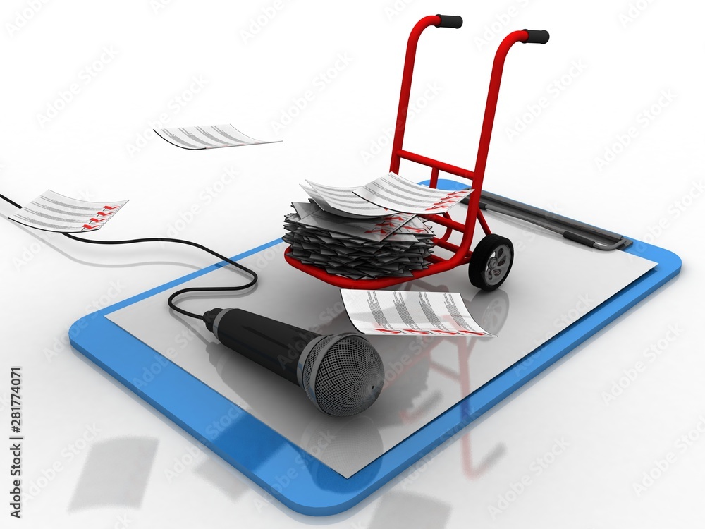 Poster 3d rendering documents with cart with mic