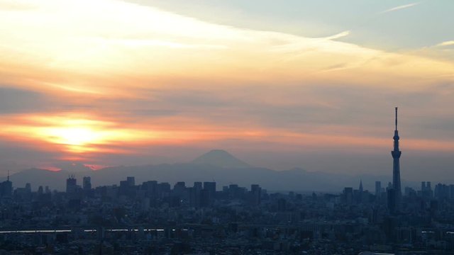 City skyline, Mount Fuji at sunset, Ichikawa, Chiba Prefecture, Japan