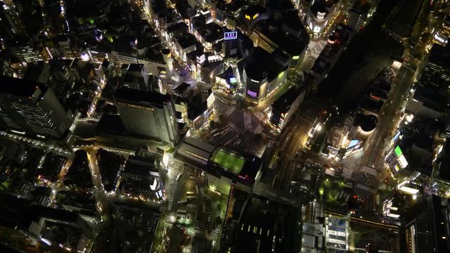 Drone view of cityscape at night, Shibuya, Tokyo, Japan