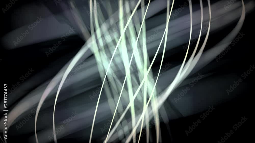 Poster abstraction of blurred elegant white neon lines and spirals intertwining rotating on the dark backgr