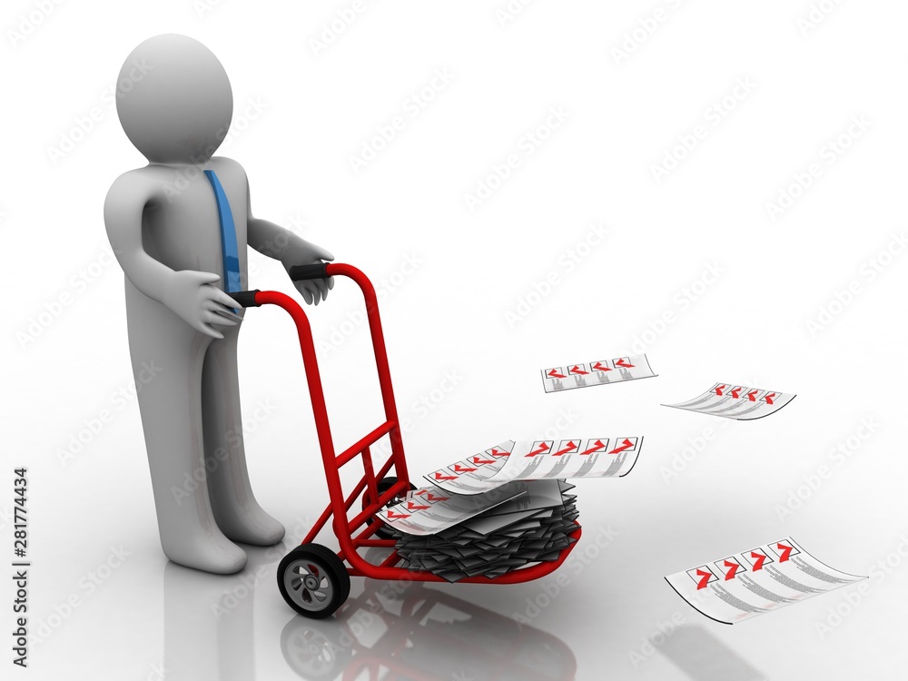 Poster 3d rendering documents with cart pushing man