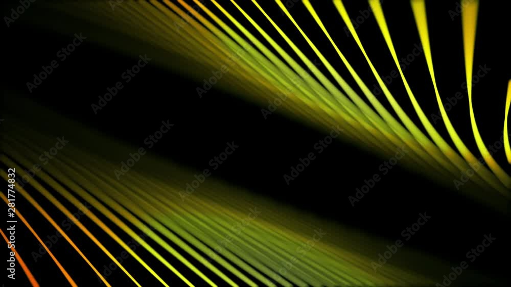 Poster abstract animation of bright colorful neon spirals rotating in different planes on the dark backgrou