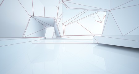 Abstract architectural white interior of a minimalist house with large windows. Drawing. 3D illustration and rendering.