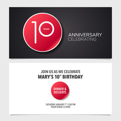 10 years anniversary invitation card vector illustration. Double sided graphic design template