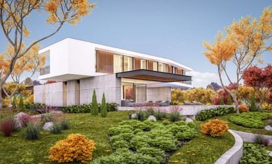 Fototapeta na wymiar 3d rendering of modern house on the hill with pool in autumn evening
