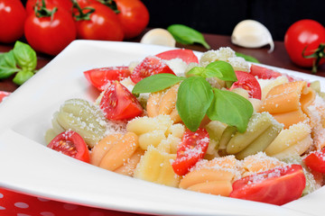 Pasta with parmesan cheese, cherry tomatoes and basil