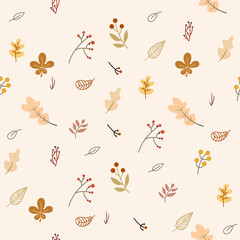 Seamless pattern with autumn and leaf elements. Collection of autumn, leaf, leaves, branch, foliage and more. Colorful surface pattern. Seamless pattern is fallish color.