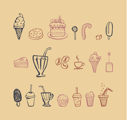 Fototapeta na wymiar Sweet and drink set hand-drawn doodle. Ice cream, cake, caramel, coffee, tea. Vector color contour illustration.