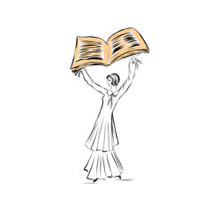 girl holds a huge book ,nineteenth century style illustration of people