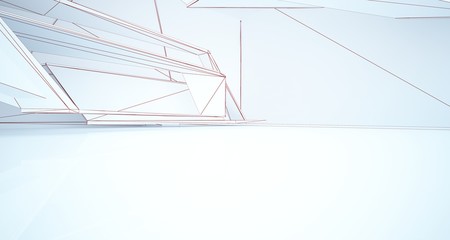 Abstract architectural white interior of a minimalist house with large windows. Drawing. 3D illustration and rendering.