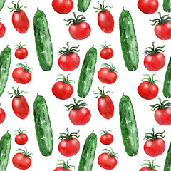 Watercolor background picture Tomatoes and cucumbers