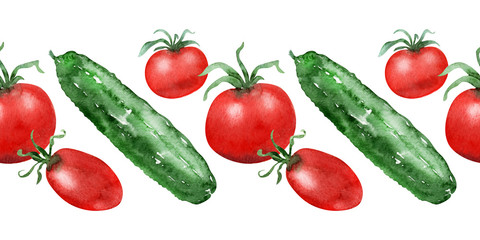 Watercolor background picture Tomatoes and cucumbers