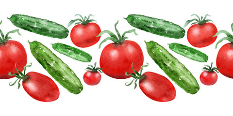 Watercolor background picture Tomatoes and cucumbers