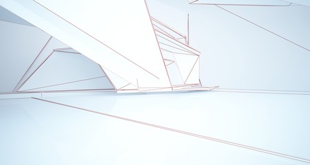 Abstract architectural white interior of a minimalist house with large windows. Drawing. 3D illustration and rendering.