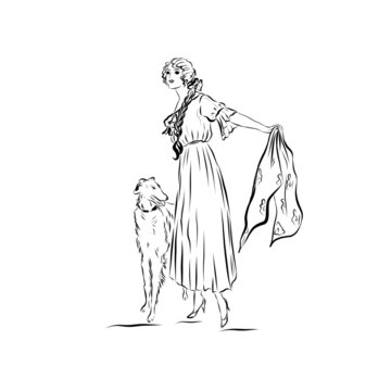 girl straightens the hem of her dress walking with a dog, nineteenth century style illustration of people