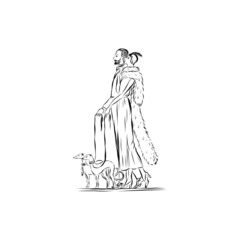 Fototapeta na wymiar man and woman are walking with dogs in vintage elegant clothes nineteenth century style illustration of people