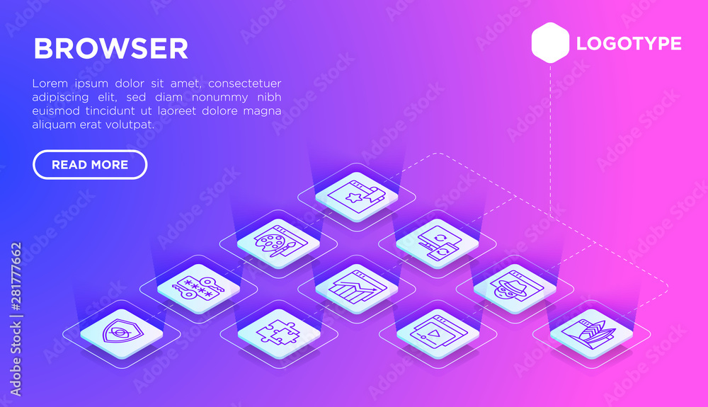 Poster browser presentation web page template with thin line isometric icons: add-ons, extension, customize