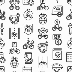 Bike rental seamless pattern with thin line icons: rates, bicycle tours, pet trailer, padlock, helmet, child seat, sharing, pointer, deposit, mobile app, cycling route. Modern vector illustration.