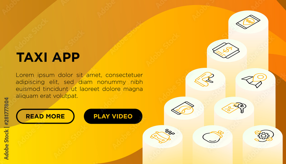 Poster taxi app web page template with thin line isometric icons: payment method, promocode, app settings, 