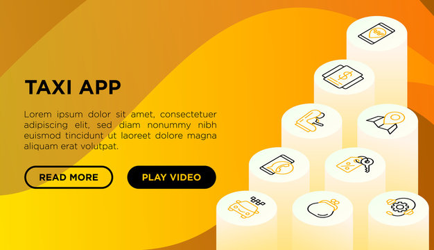 Taxi app web page template with thin line isometric icons: payment method, promocode, app settings, info, support service, pointer, route, destination, airport transfer, baby seat. Vector illustration