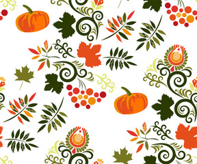 Vector autumn leaves and rowan seamless pattern. Floral stock vector illustration