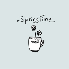 Spring Time, hand sketched logotype, flowers and cup