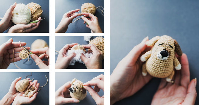 Step by step knitting toy. Crochet. Women's hobby.Photo collage