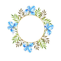 Watercolor botanical frame with spring flowers. Blue irises. Wedding invitation. Greeting card.