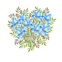 Watercolor botanical heart shape with spring flowers. Blue irises. Wedding invitation. Greeting card.
