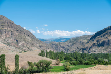 Fototapeta premium Beautiful panoramic view on the valley with green field trees and mountains.