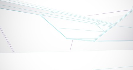 Abstract architectural white interior of a minimalist house with large windows. Drawing. 3D illustration and rendering.