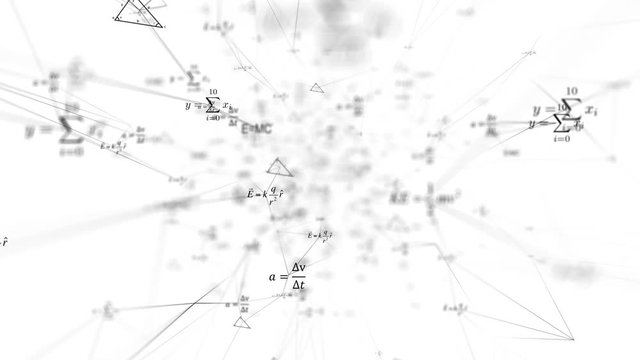 Plexus of lines and formulas on a white background, free flight. Labyrinth design with mathematical , physical science formulas flying around.