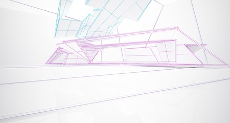 Abstract architectural white interior of a minimalist house with large windows. Drawing. 3D illustration and rendering.