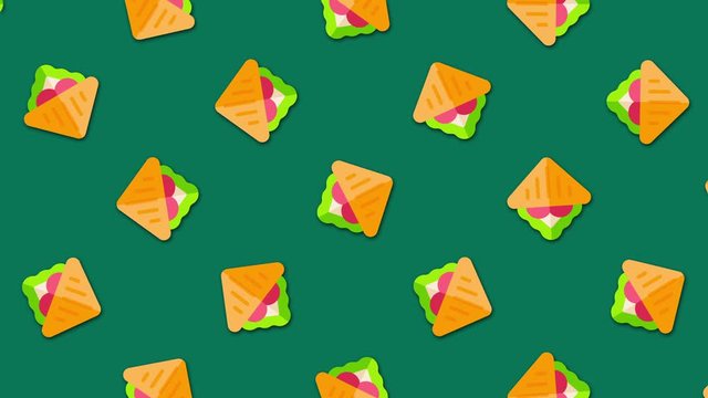 Abstract cartoon sandwiches background with large number of small animated sandwiches icons. Animation. Beautiful cartoon animation, abstract graphics in trendy colors and style.
