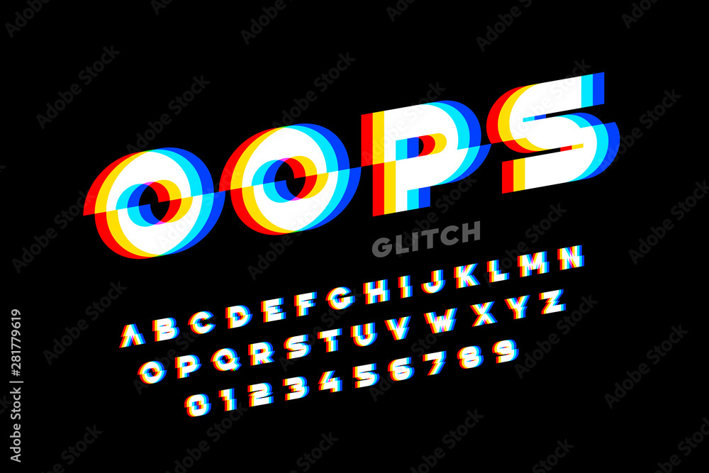 Poster glitch style font design, distorted alphabet, letters and numbers