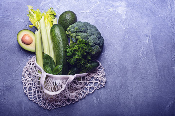 Green vegetables in a cotton bag