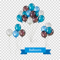 Set of bundles of vector balloons on white background with ribbon banner. On a transparent background.