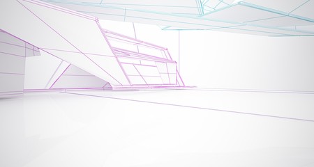 Abstract architectural white interior of a minimalist house with large windows. Drawing. 3D illustration and rendering.