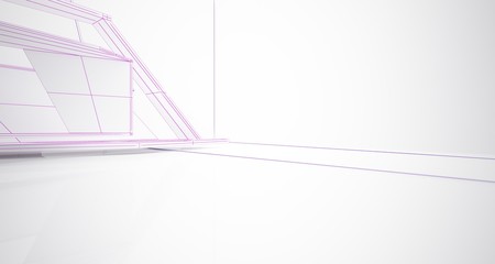 Abstract architectural white interior of a minimalist house with large windows. Drawing. 3D illustration and rendering.