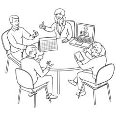 four business people sitting happily at a round table during a meeting with a video conference. calendar, laptop, tablet. outline comic illustration.