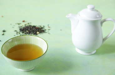 Close-up. Green tea in a bowl with a teapot and loose tea on a light green surface. It is a rich source of antioxidants and polyphenols. A healthy drink for health and vitality.