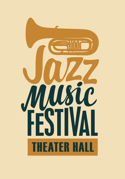 Vector poster of banner for a jazz music festival with a silhouette of saxophone and calligraphic inscription in retro style on dark background
