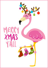 Merry Xmas Y'all - Calligraphy phrase for Christmas with cute flamingo girl. Hand drawn lettering for Xmas greetings cards, invitations. Good for t-shirt, mug, scrap booking, gift.