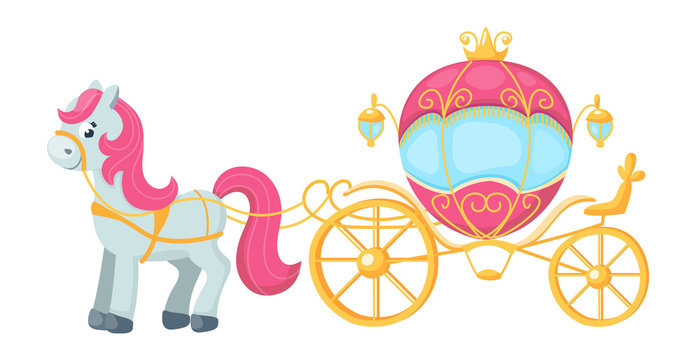 Smiling cute pony with pink mane and gold coach. Beautiful horse and royal carriage.  Vector flat illustration for children.