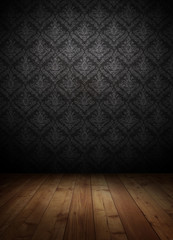 dark interior room with baroque wallpaper.