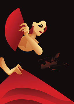 Spanish flamenco dancer with fan  with guitarist in accompaniment. Flamenco evening design