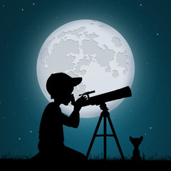 child look the moon in the telescope